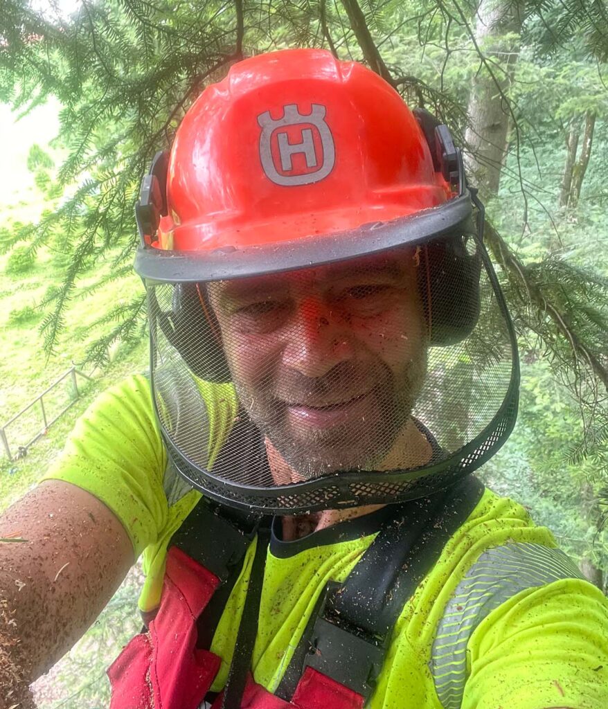 Matthias Olbort bei Problembaum Fällung Industriekletterer mit Schutzkleidung im Einsatz